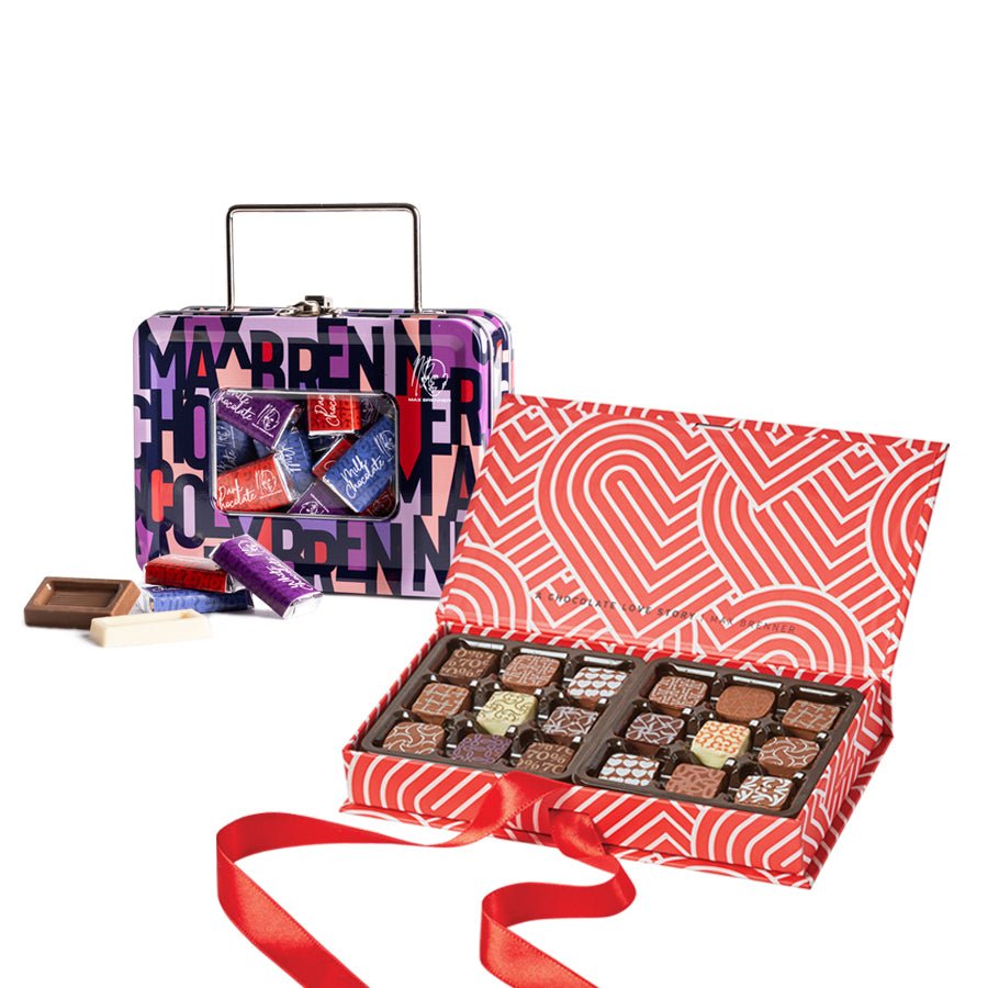 Mini Chocolate Suitcase with Neapolitan Chocolates & a Box of 18 Love Pralines