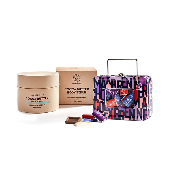 Cocoa Butter Enriched Body Scrub & Mini Neapolitan Chocolate Suitcase