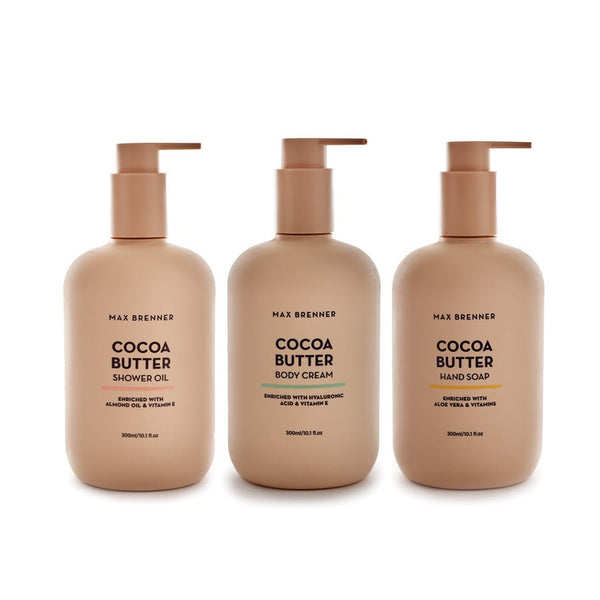 Cocoa butter-enriched body lotion, hand soap & shower oil set