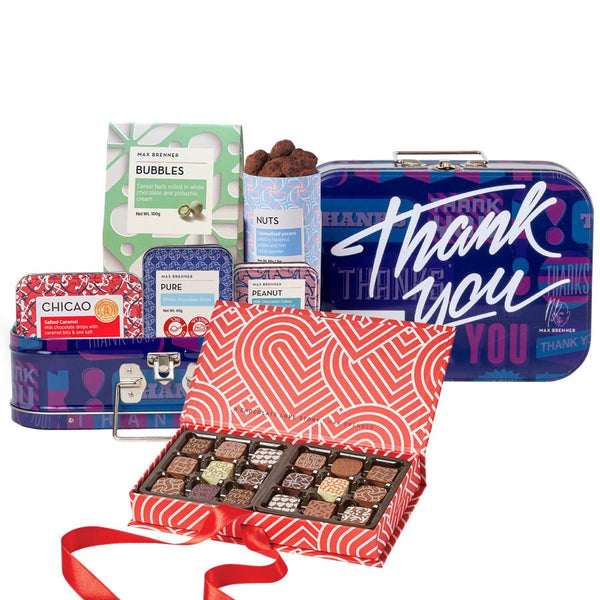 מזוודת תודה ומארז 18 פרלינים אהבה